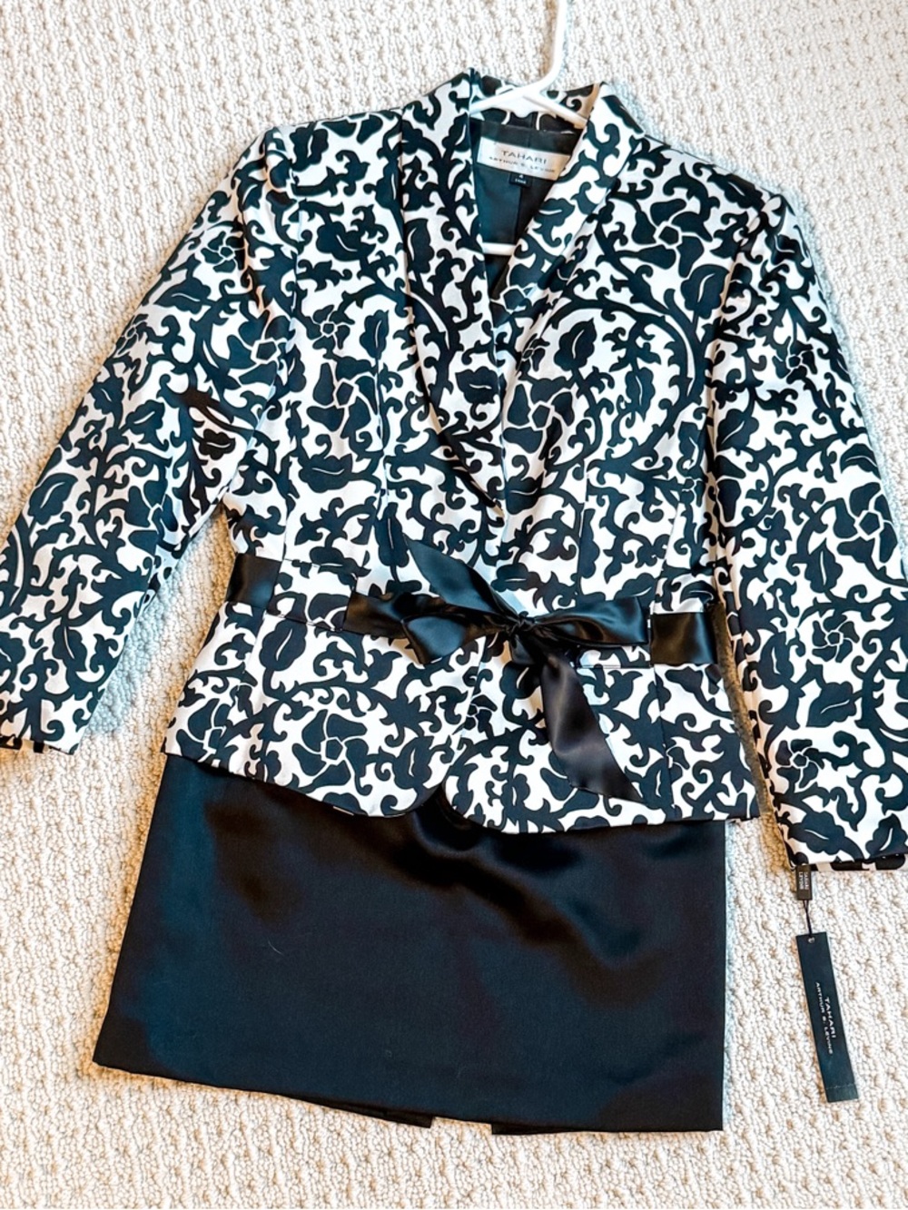Tahari Black and White Patterned Blazer with Satin Skirt and Tie